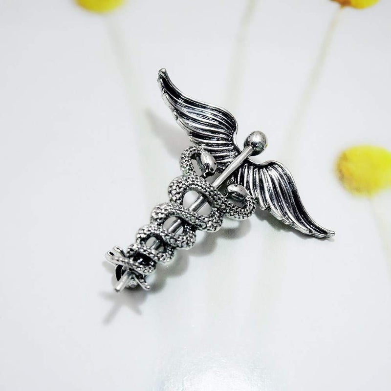QIAN0813 Medical Symbol Caduceus Stethoscope RN Nursing Badge Brooches Lapel Pin for Registered Nurse Doctor Rod Of Asclepius Emergency Brooch Jewelry (Vintage Silver) - Image 2